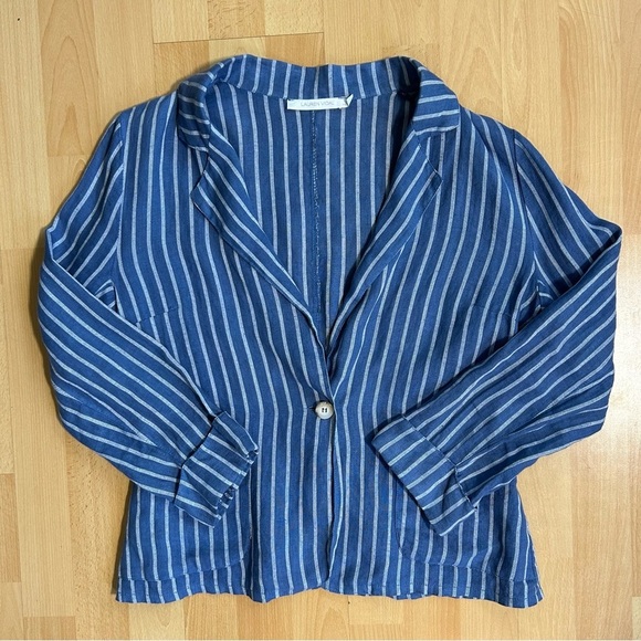 Lauren Vidal Blue and White Striped Linen Blazer Medium Coastal Grandma Light - Picture 7 of 10